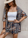Women's Two-Piece Floral Set – Short-Sleeve Kimono & Drawstring Shorts