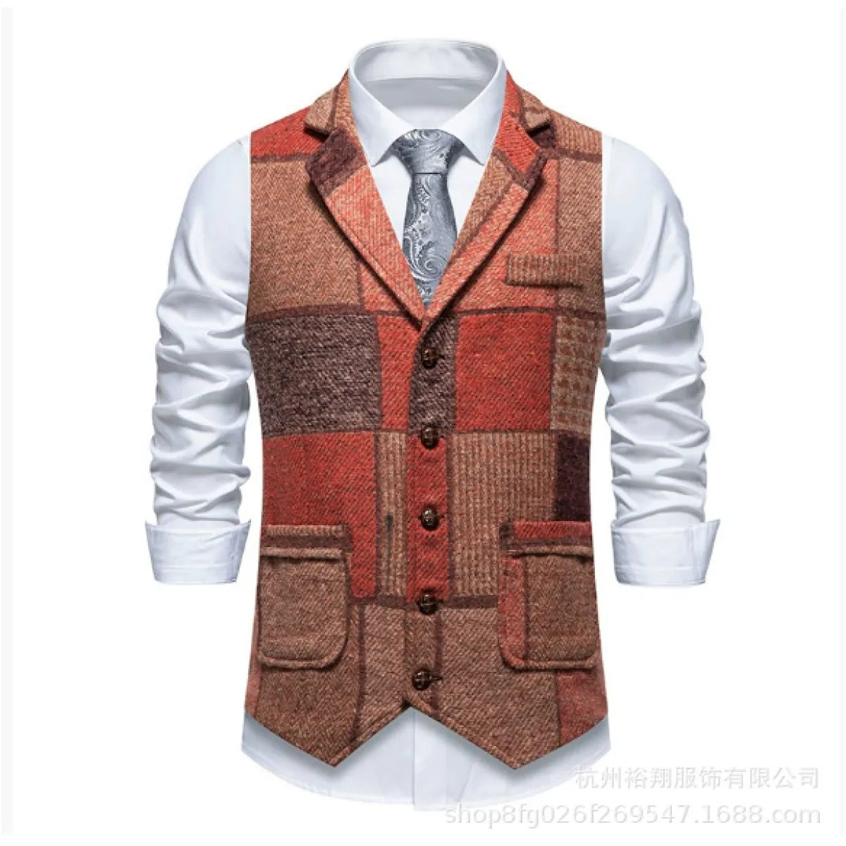Men's Patchwork Suit Waistcoat – Tailored Structured Fit in Textured Fabric