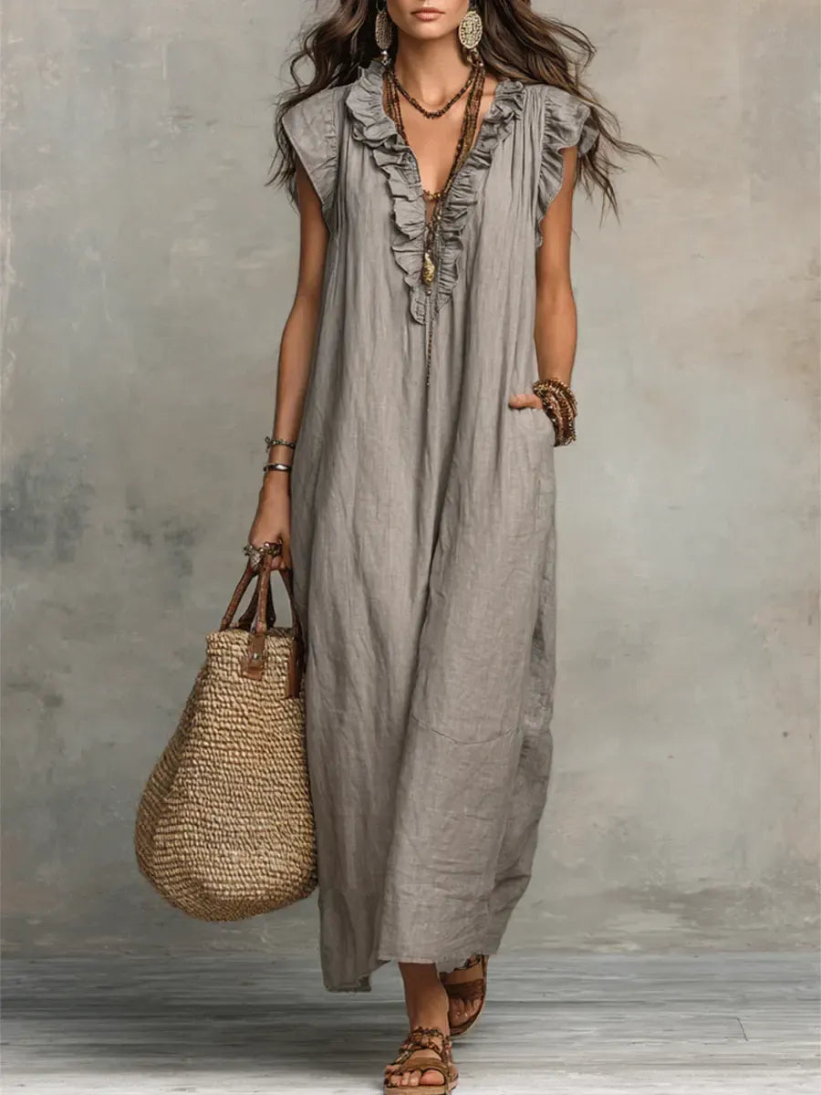 Women's Sleeveless Maxi Dress – Elegant Ruffles and Practical Pockets