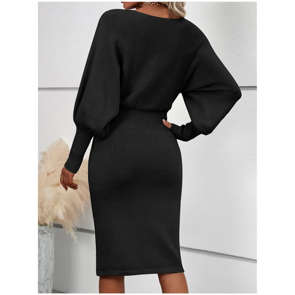 Women's Slim Midi Knit Dress – Crew Neck, Long Sleeves