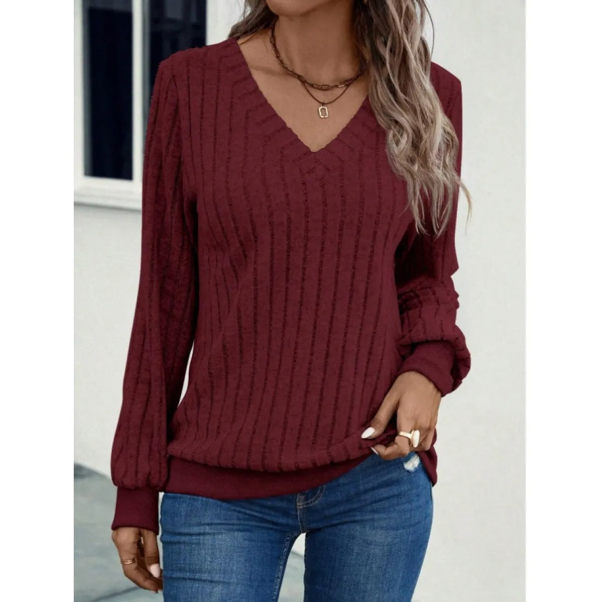 Women's V-Neck Brushed-Effect Top – Long-Sleeved Pullover Style