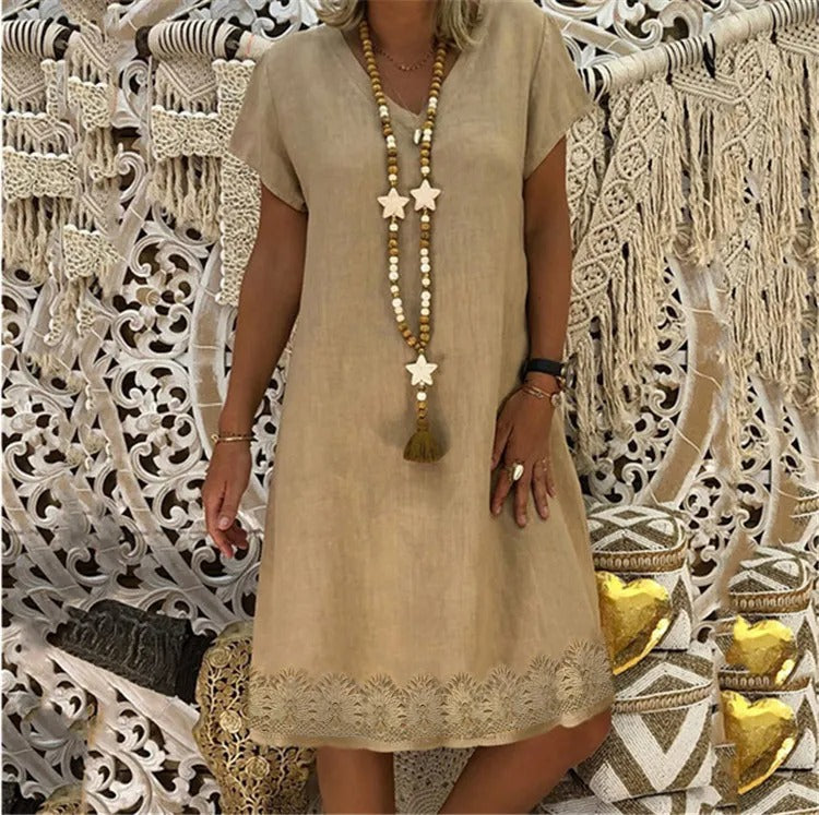 Women's Short Textured V-Neck Dress – A-Line Cut, Short Sleeves