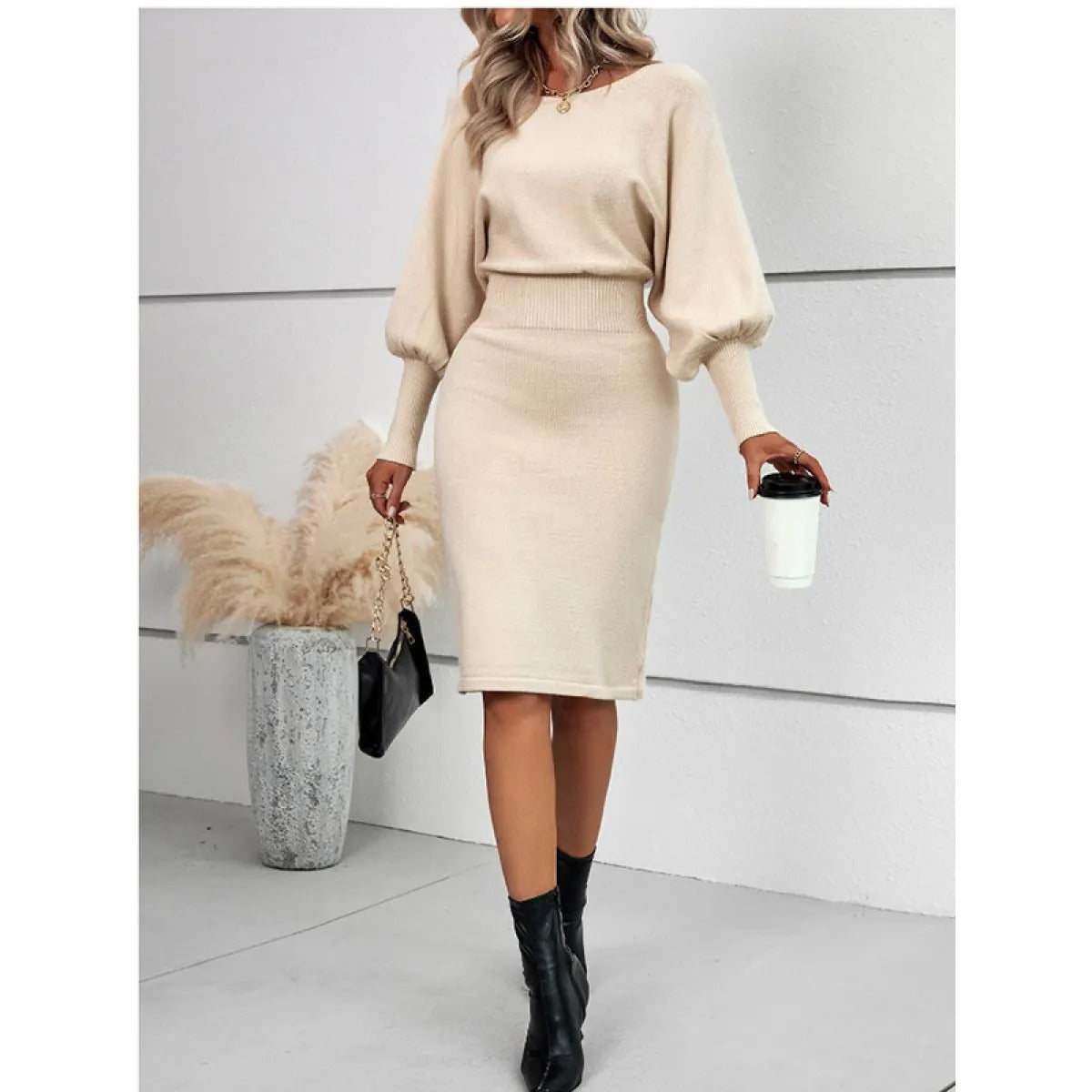 Women's Slim Midi Knit Dress – Crew Neck, Long Sleeves