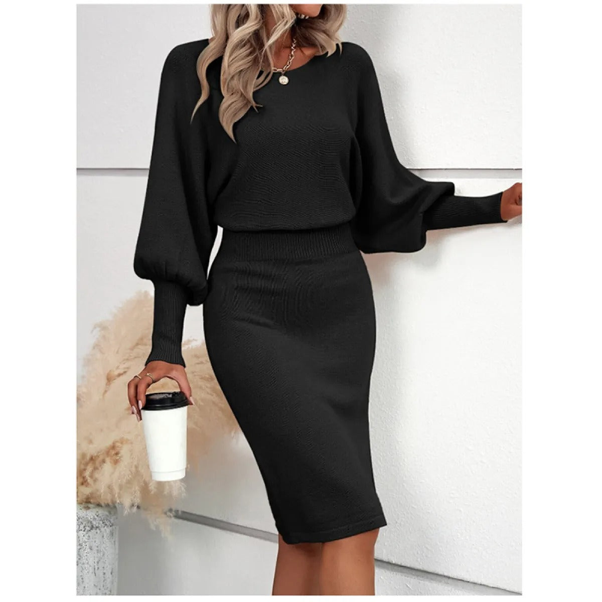 Women's Slim Midi Knit Dress – Crew Neck, Long Sleeves