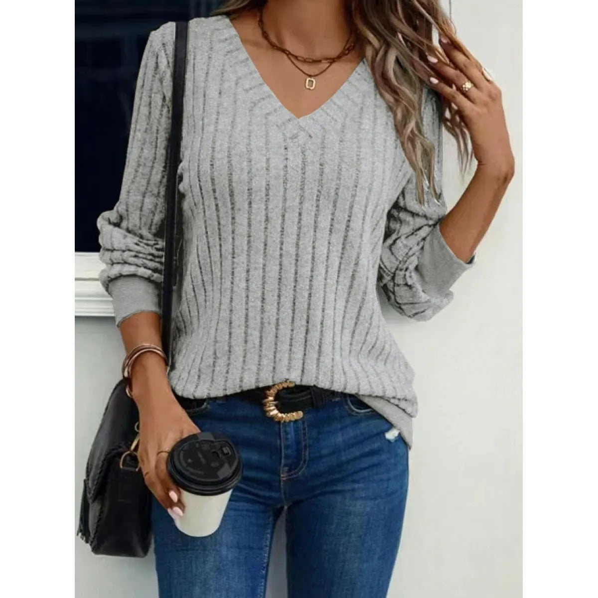 Women's V-Neck Brushed-Effect Top – Long-Sleeved Pullover Style