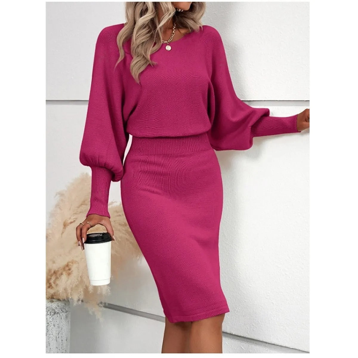 Women's Slim Midi Knit Dress – Crew Neck, Long Sleeves