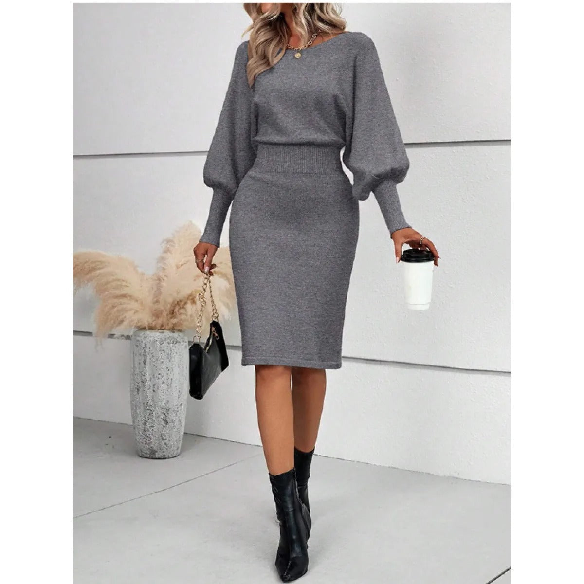 Women's Slim Midi Knit Dress – Crew Neck, Long Sleeves