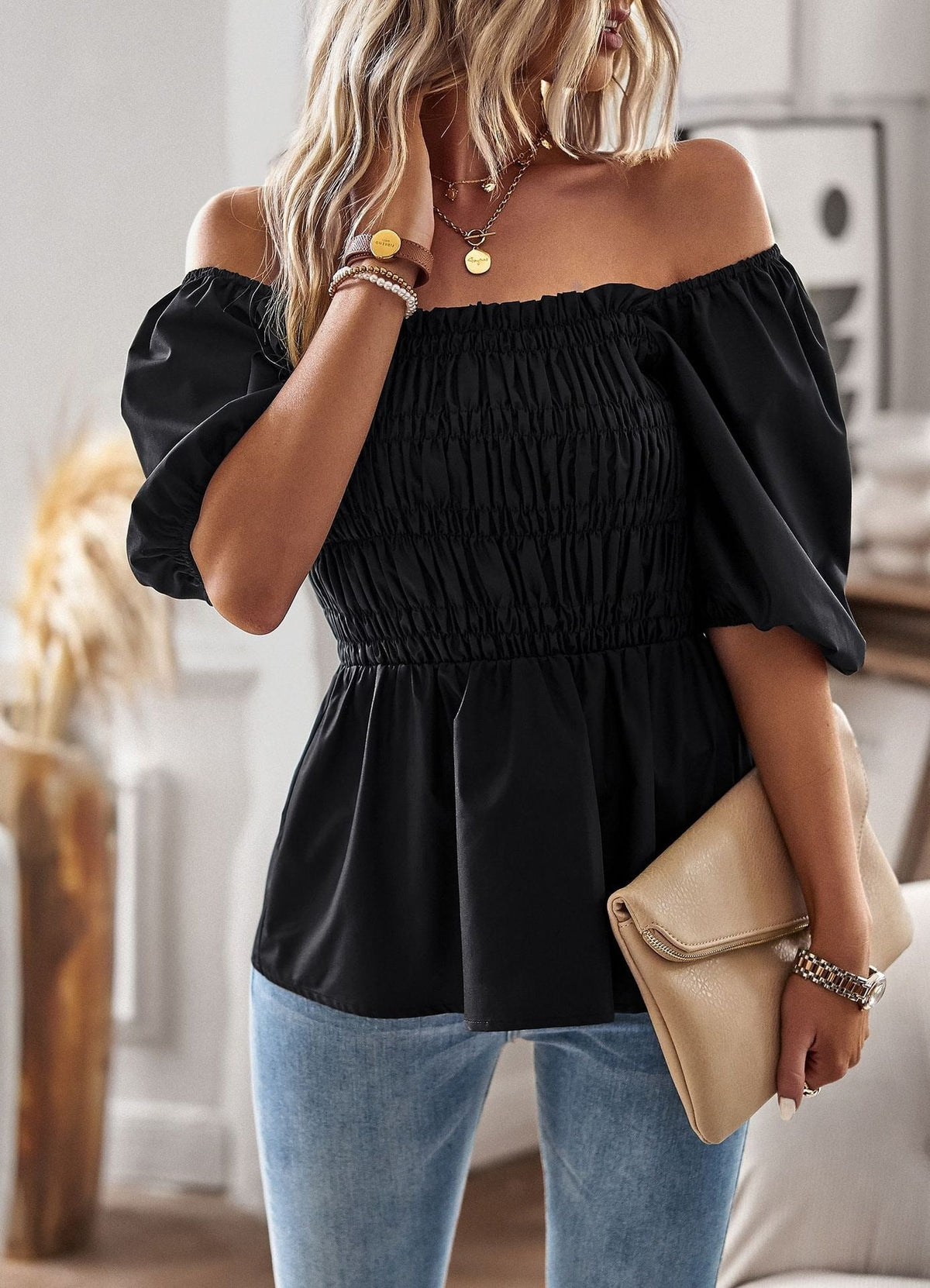 Women's Off-Shoulder Peplum Blouse – Ruffled Sleeves, Fitted Waist
