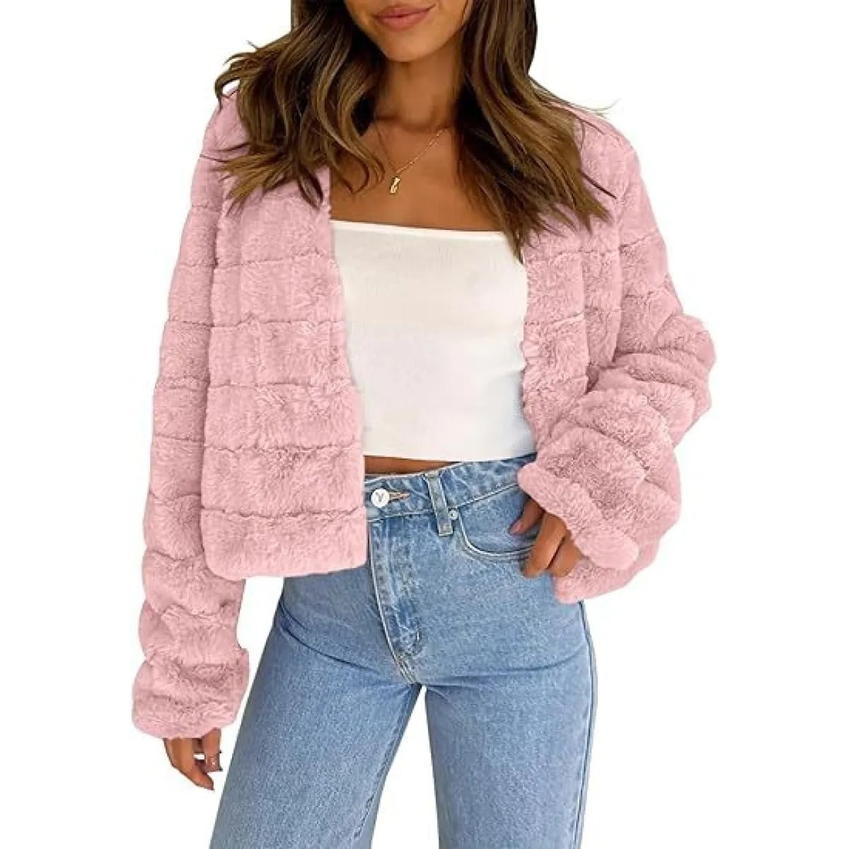 Women's Cropped Chenille-Effect Jacket – Soft, Stretchy Fabric, Open Front