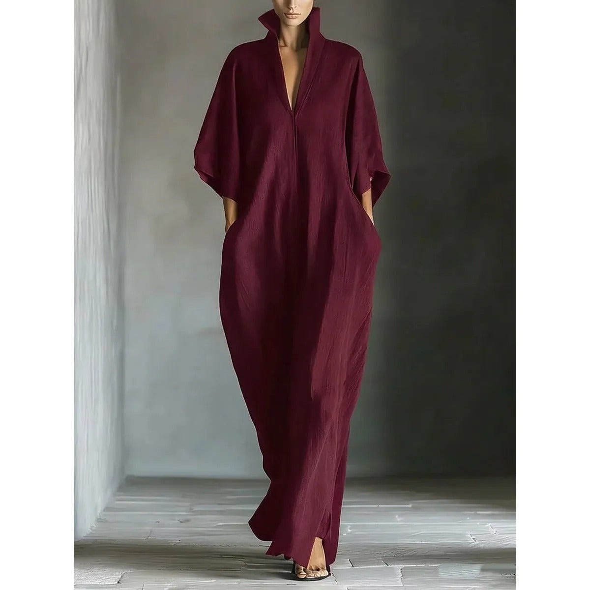 Women's Maxi Dress – Relaxed Wave Cut with V-Neck