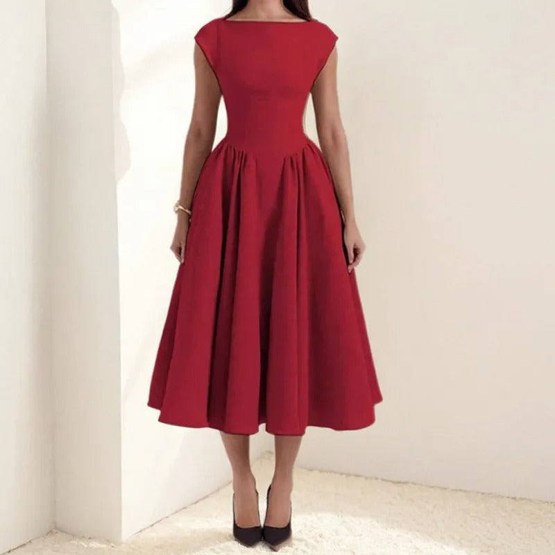 Women's Sleeveless Midi Dress with Open Back – Round Neck, Flowing Fabric