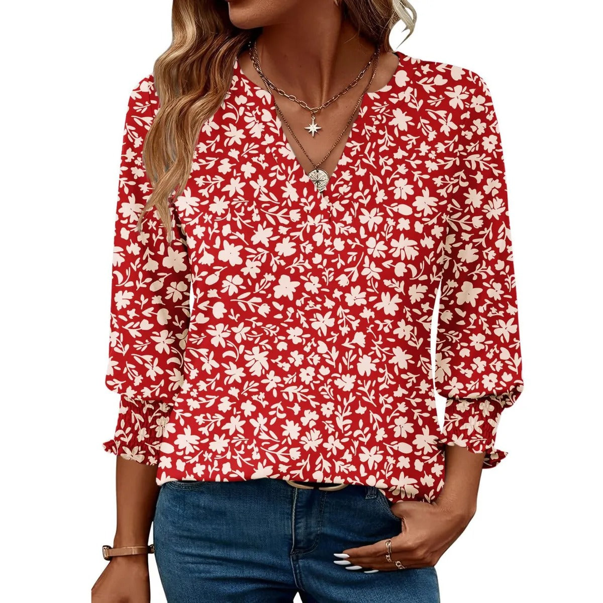 Women's Floral Print Blouse – Casual Three-Quarter Sleeves
