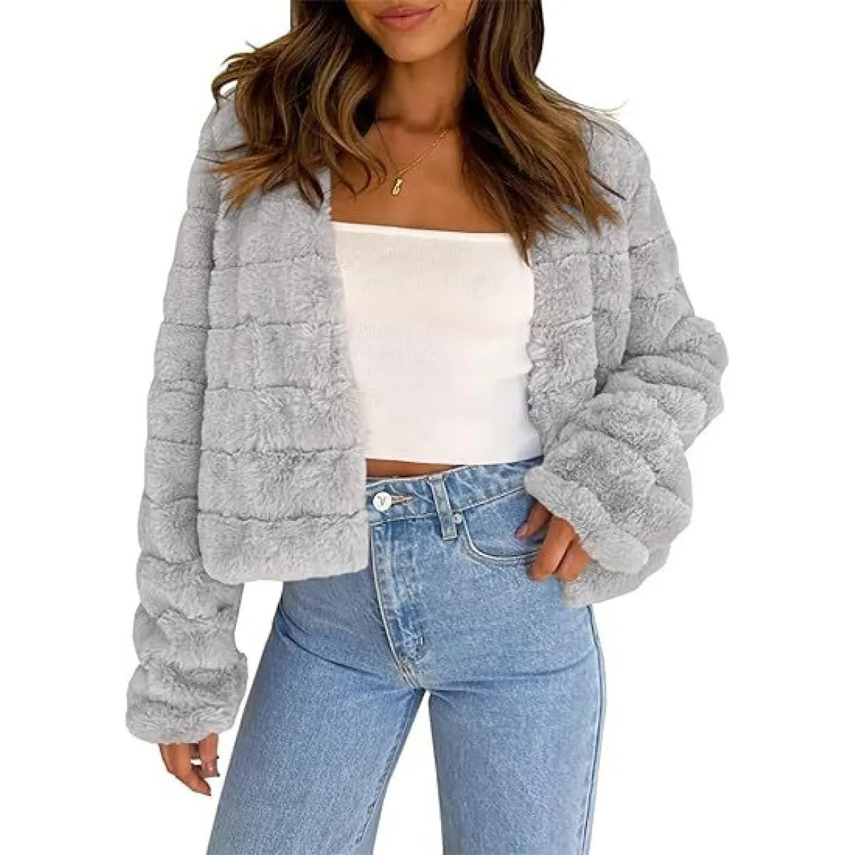 Women's Cropped Chenille-Effect Jacket – Soft, Stretchy Fabric, Open Front