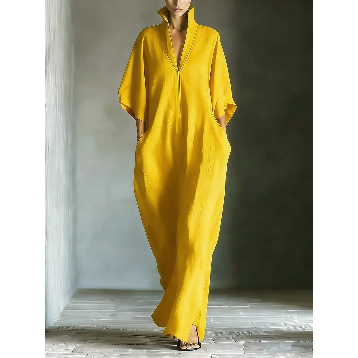 Women's Maxi Dress – Relaxed Wave Cut with V-Neck