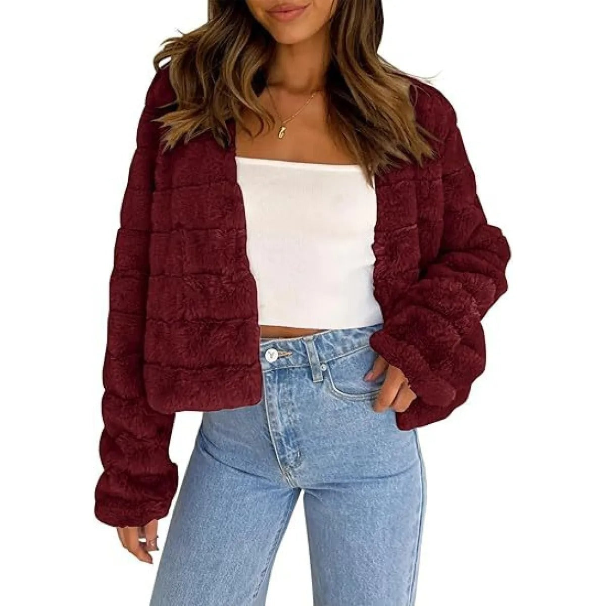 Women's Cropped Chenille-Effect Jacket – Soft, Stretchy Fabric, Open Front