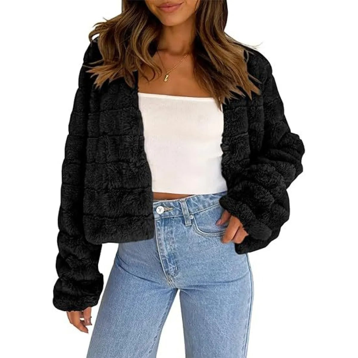 Women's Cropped Chenille-Effect Jacket – Soft, Stretchy Fabric, Open Front