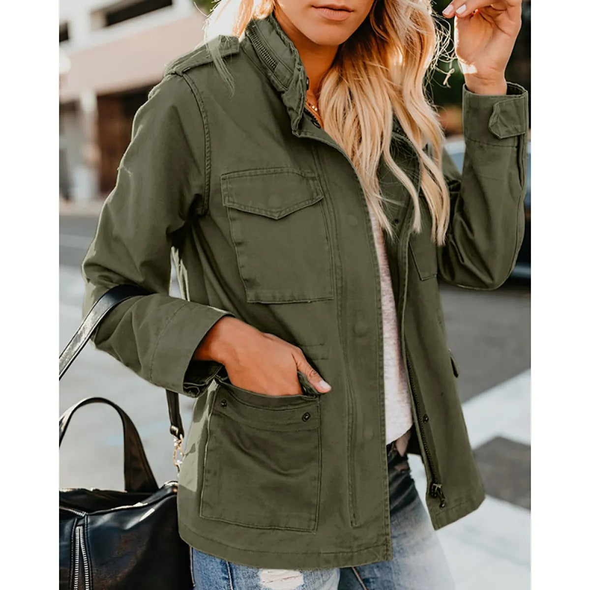 Women's Casual Utility-Style Jacket – Oversized Zipped Fit