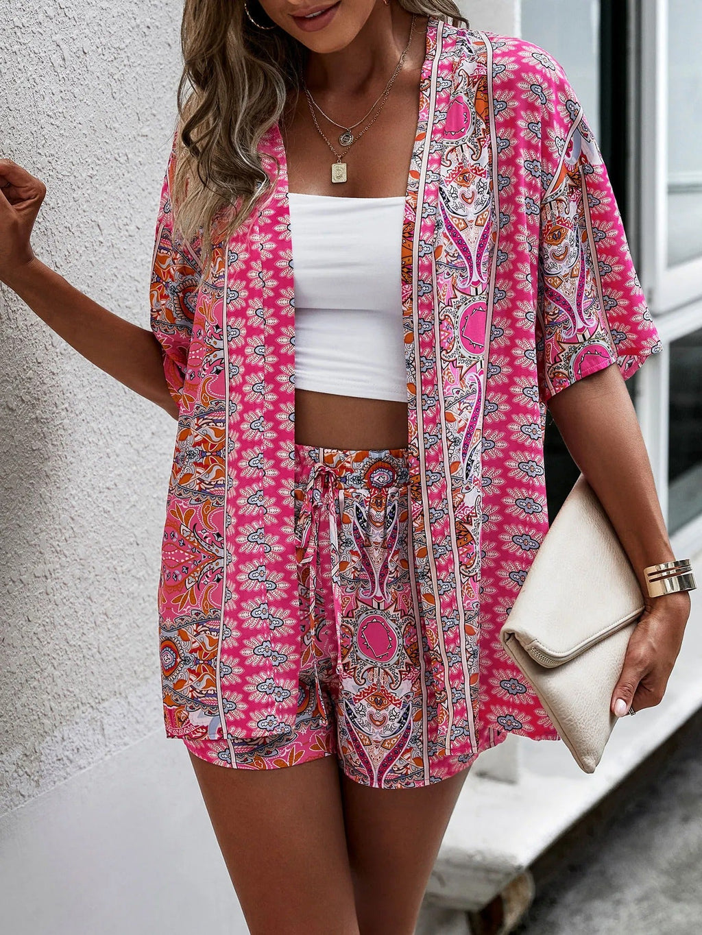 Women's Two-Piece Floral Set – Short-Sleeve Kimono & Drawstring Shorts