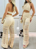 Women’s Crochet Knit Co-Ord Set – Fitted Crop Top & High-Waisted Trousers