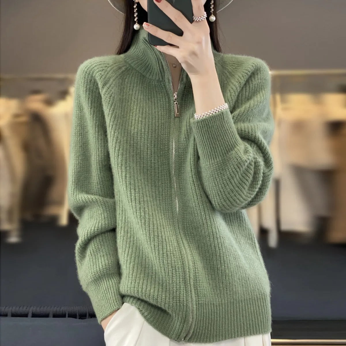 Women's Wool Cardigan – Zip-Up Mock Neck Knit
