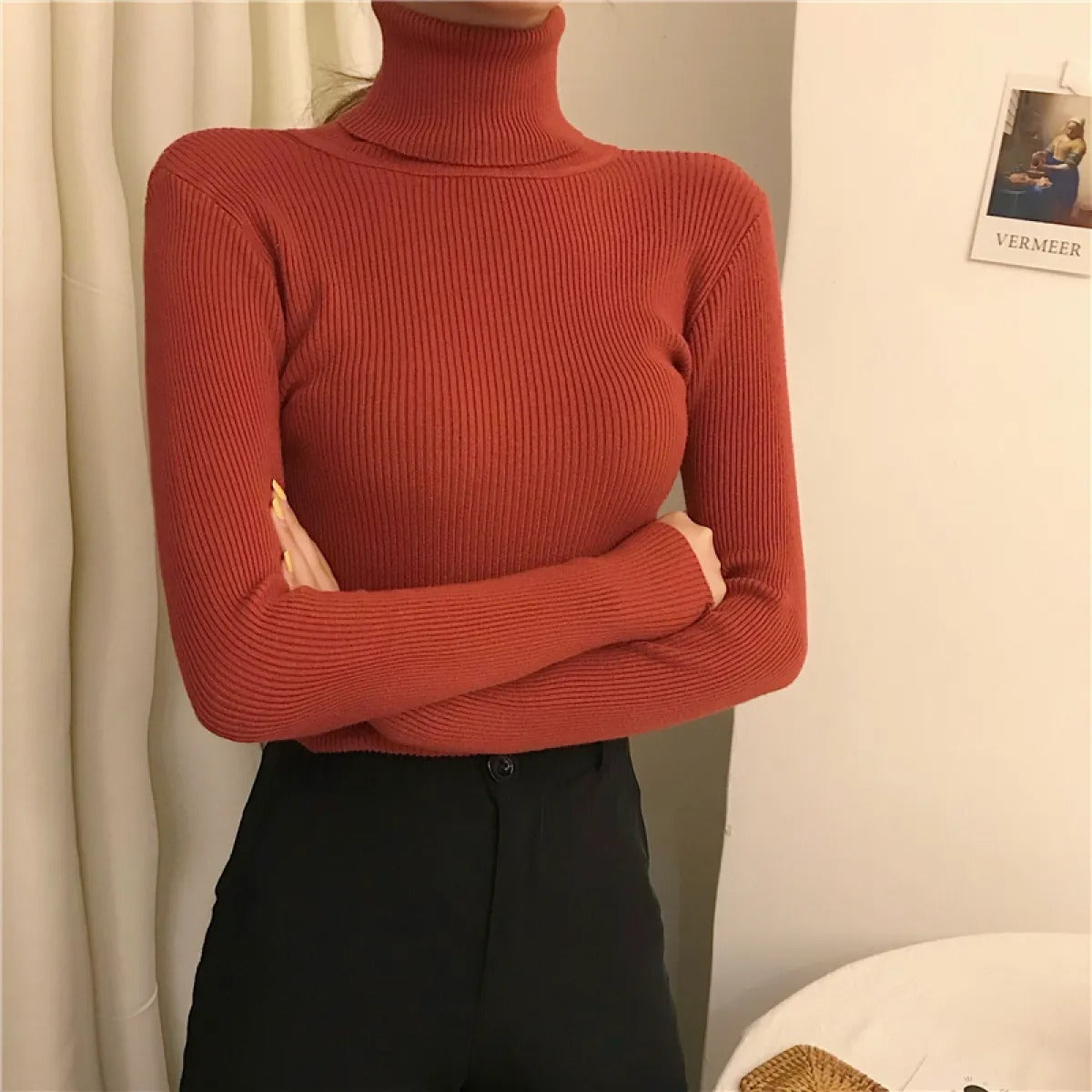 Women's Ribbed Mock-Neck Sweater – Close Fit, Long Sleeves