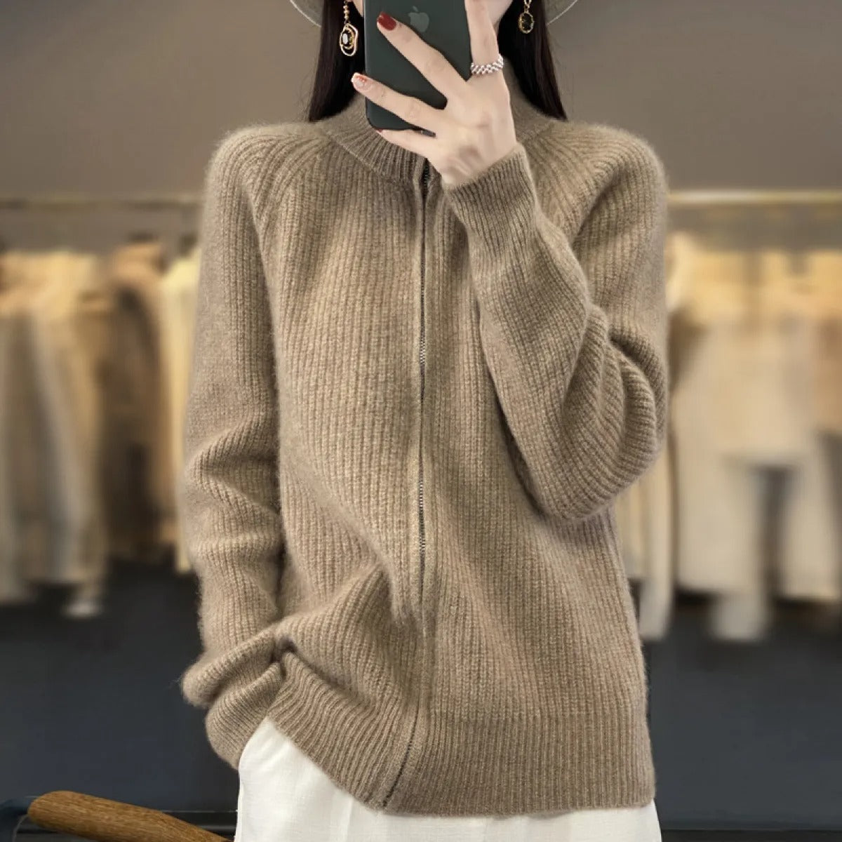 Women's Wool Cardigan – Zip-Up Mock Neck Knit