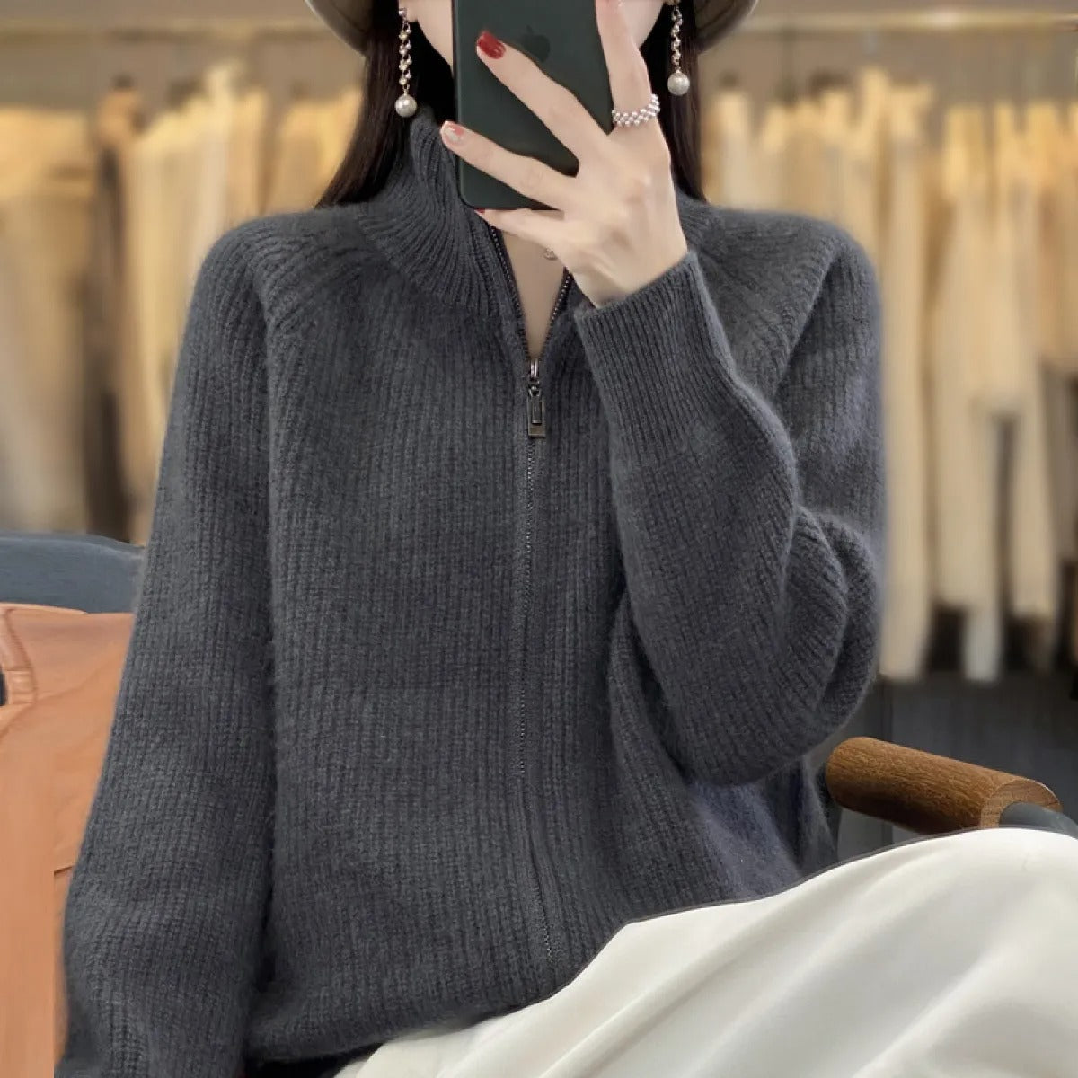 Women's Wool Cardigan – Zip-Up Mock Neck Knit