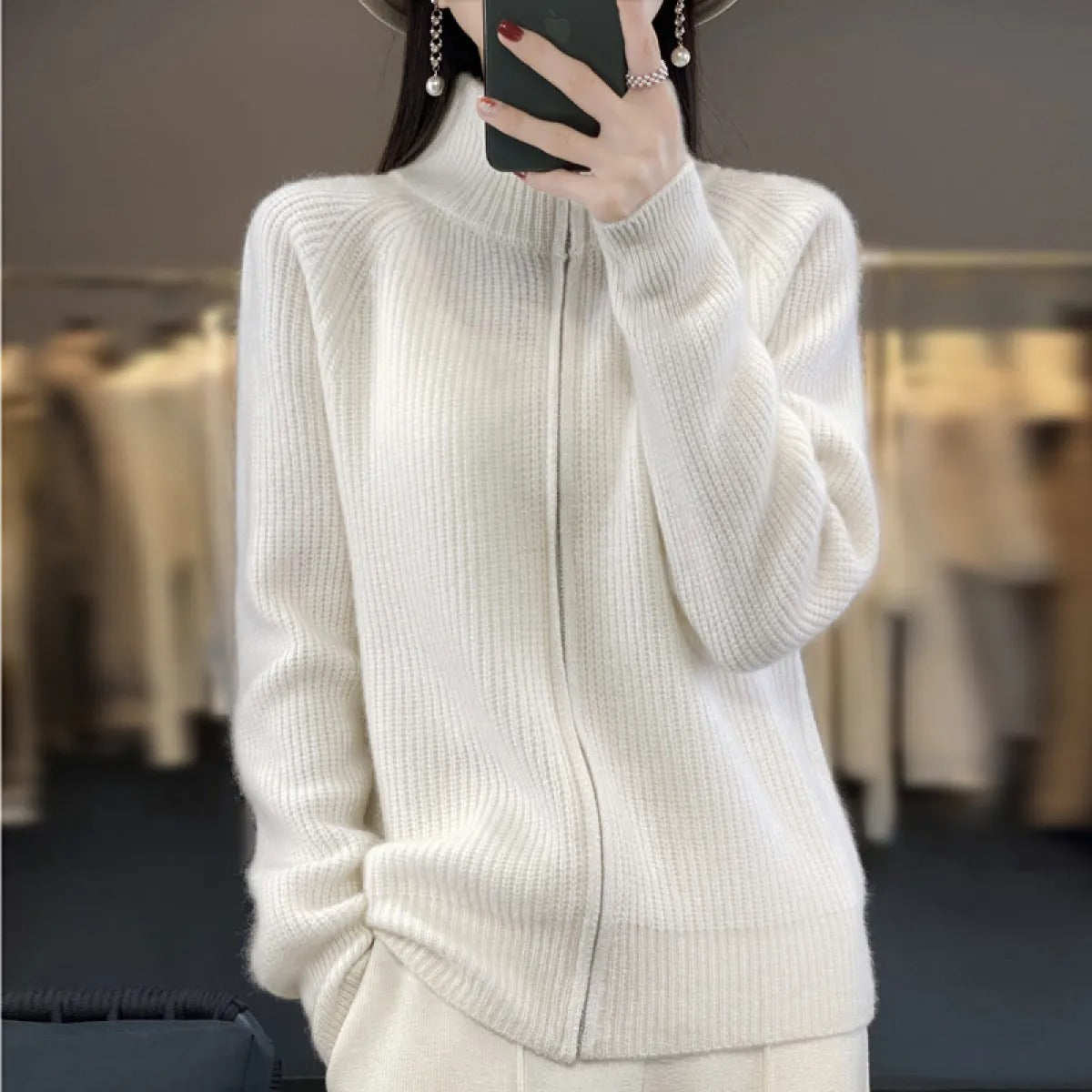 Women's Wool Cardigan – Zip-Up Mock Neck Knit