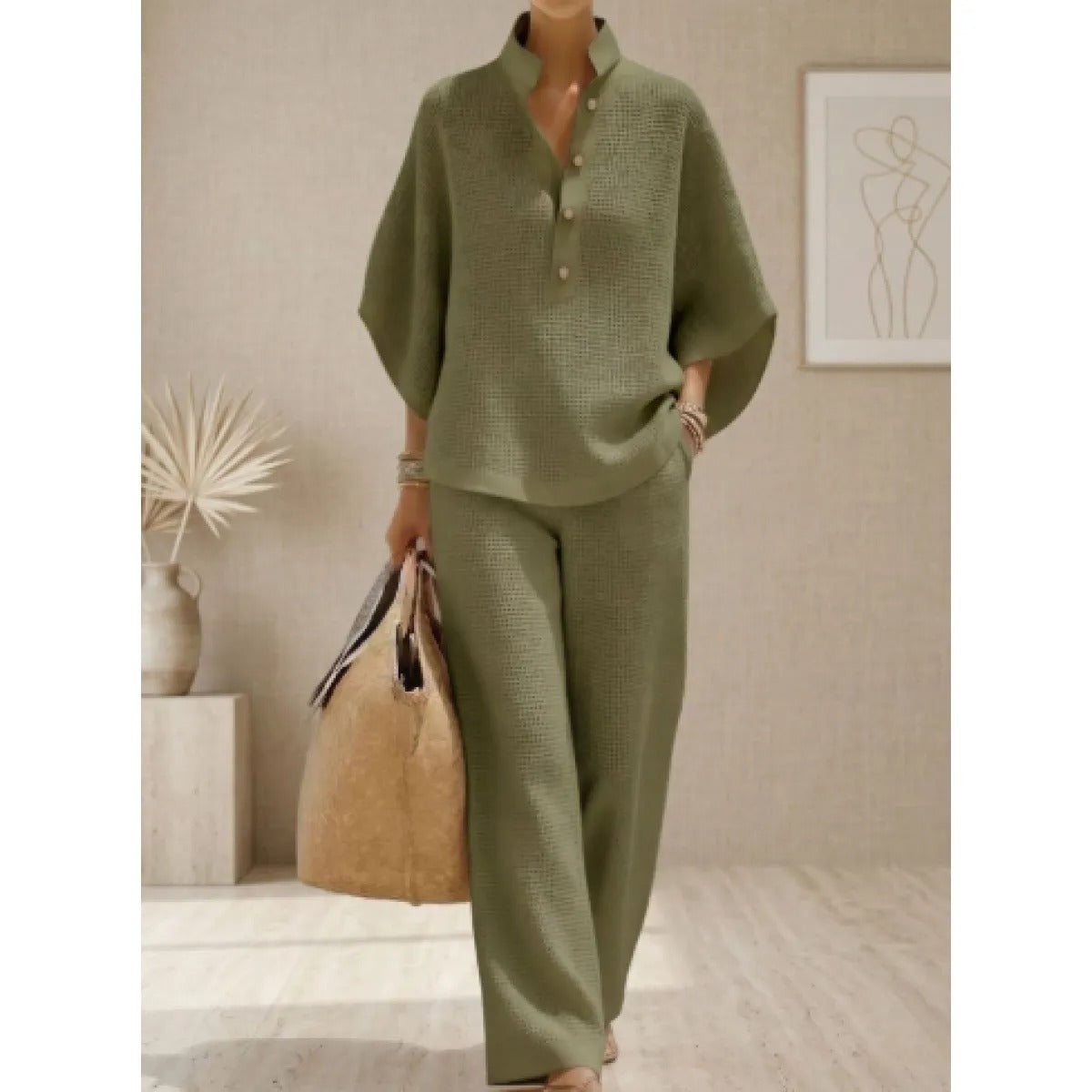 Women's Linen Co-ord Set – Oversize V-Neck Top and Straight Trousers
