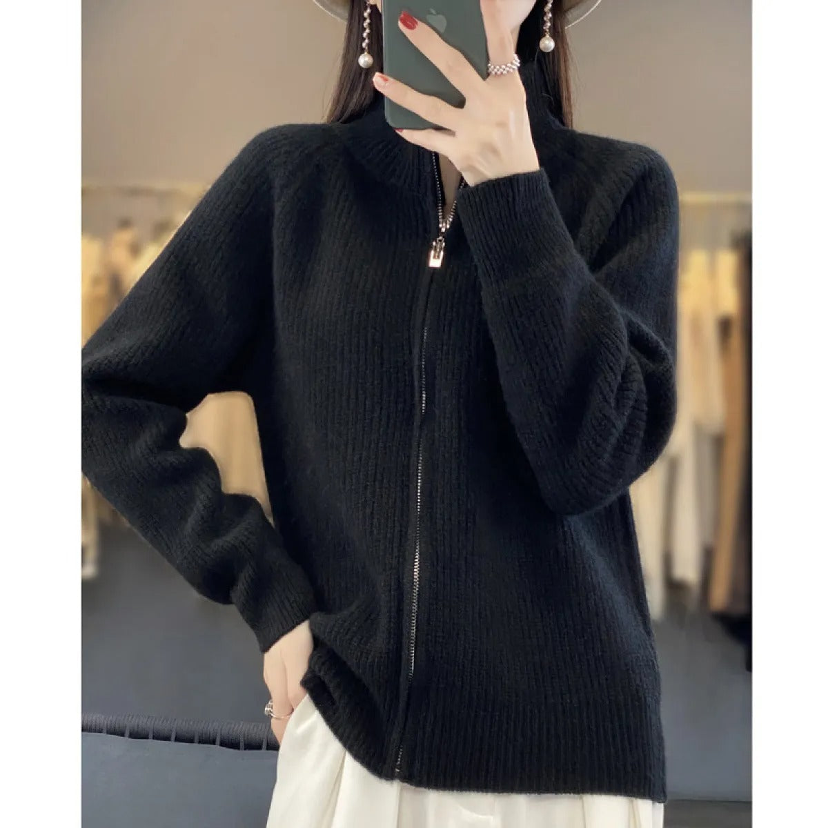 Women's Wool Cardigan – Zip-Up Mock Neck Knit