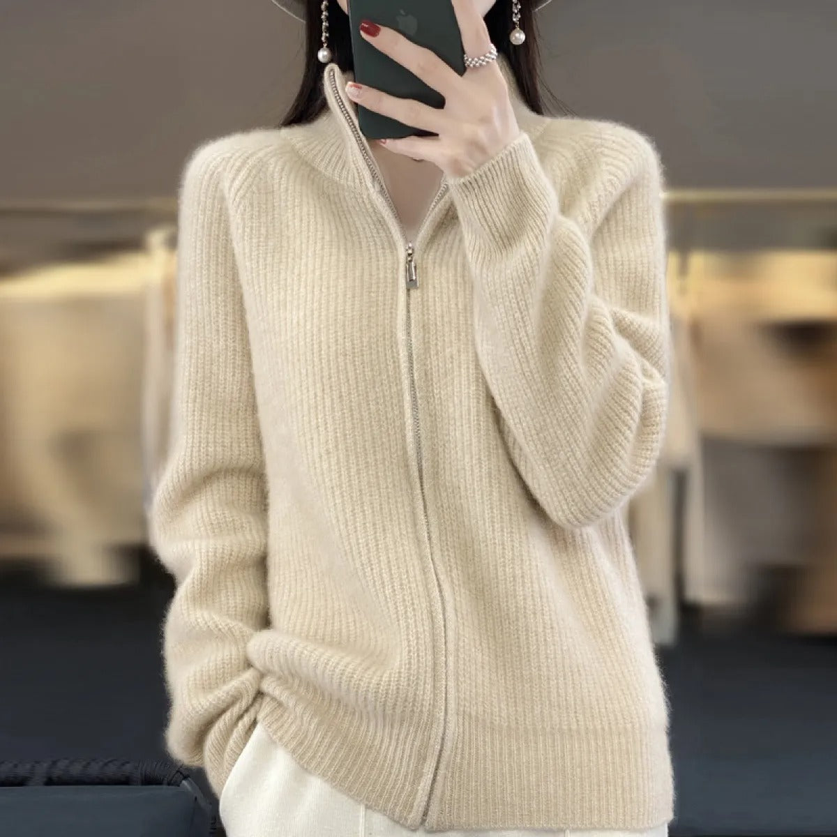 Women's Wool Cardigan – Zip-Up Mock Neck Knit