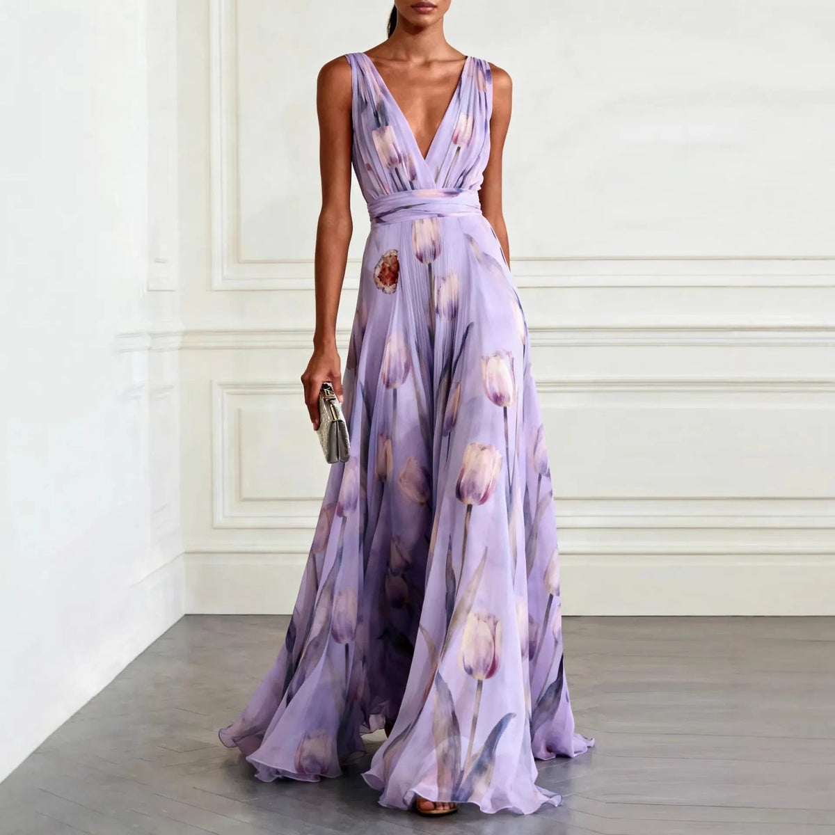 Women's Long Chiffon Dress – V-Neck Sleeveless with Floral Print