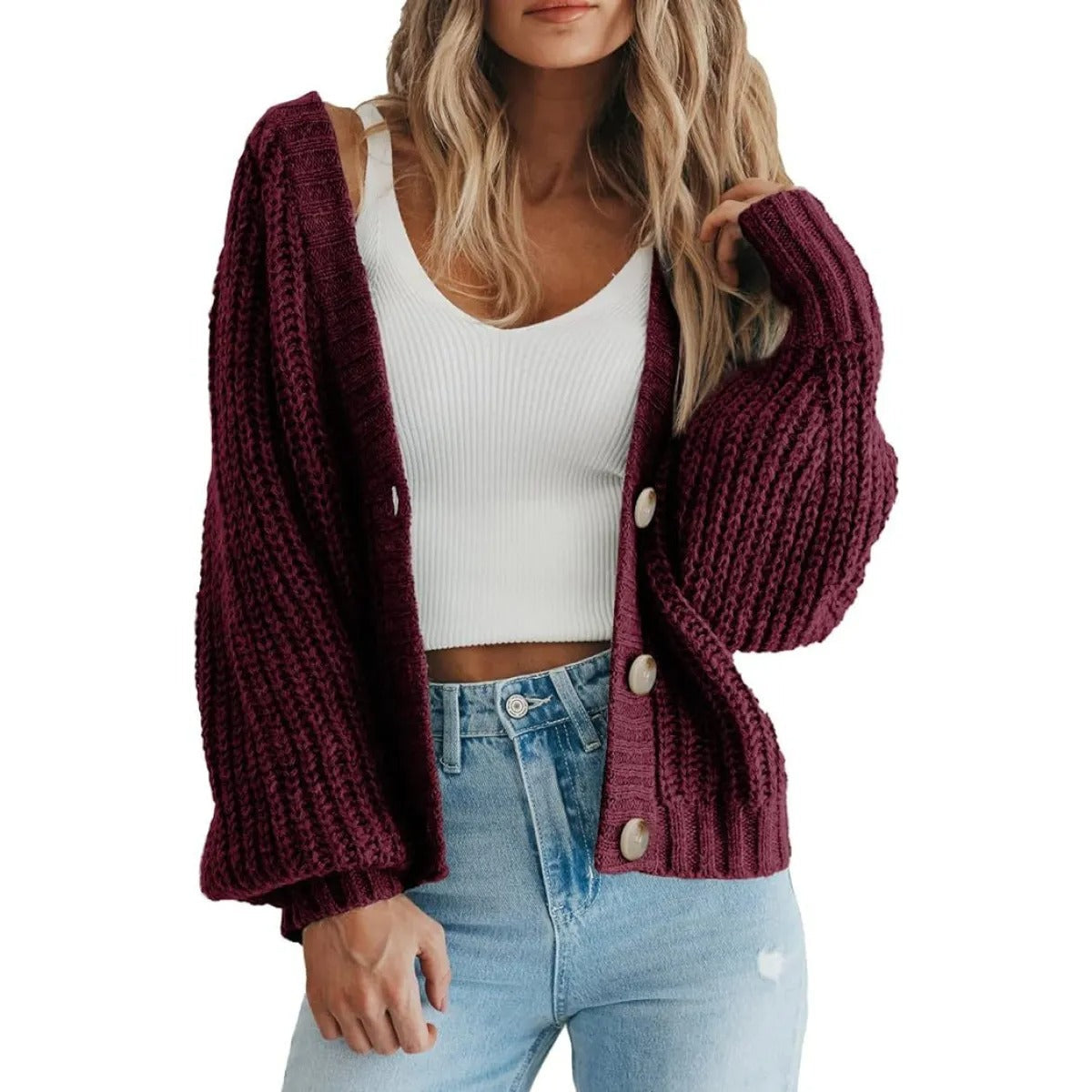 Women's Chunky-Knit Cardigan – Oversized Fit, Balloon Sleeves