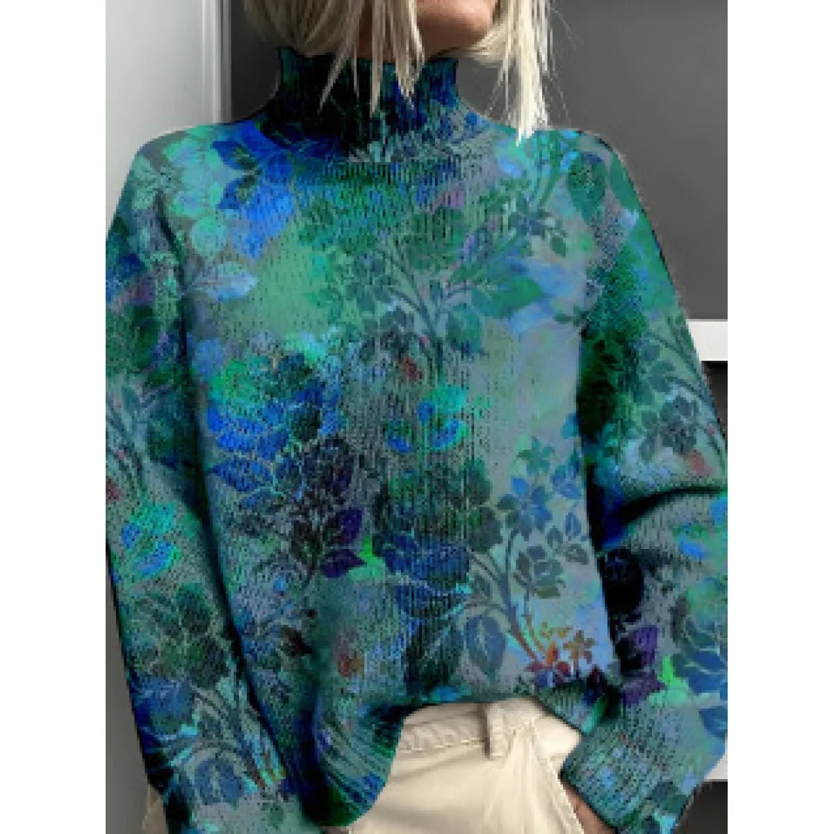 Women's Turtleneck Sweater – Relaxed Fit with Floral Pattern