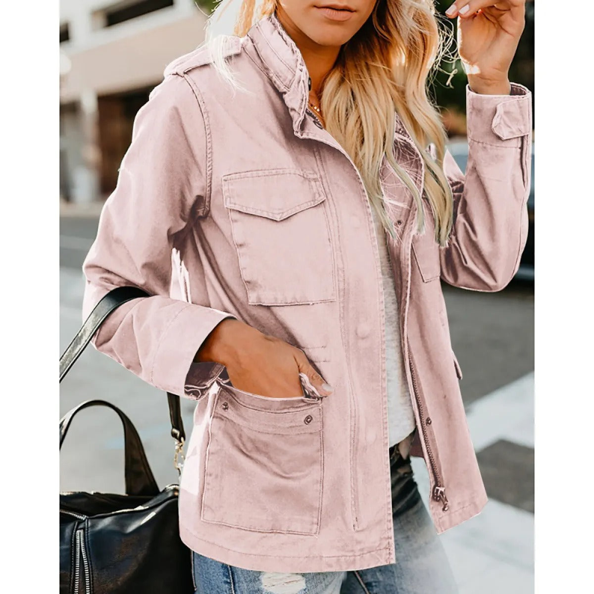 Women's Casual Utility-Style Jacket – Oversized Zipped Fit