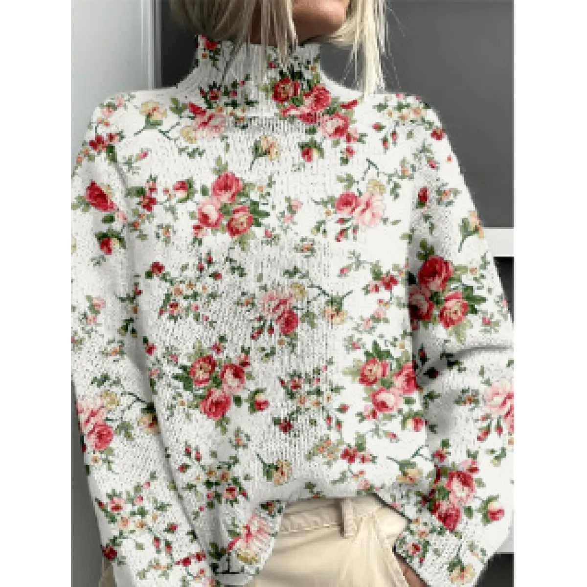 Women's Turtleneck Sweater – Relaxed Fit with Floral Pattern