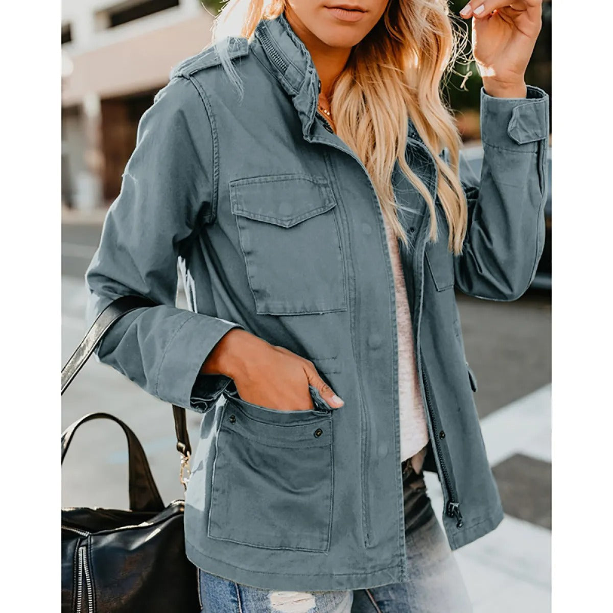 Women's Casual Utility-Style Jacket – Oversized Zipped Fit