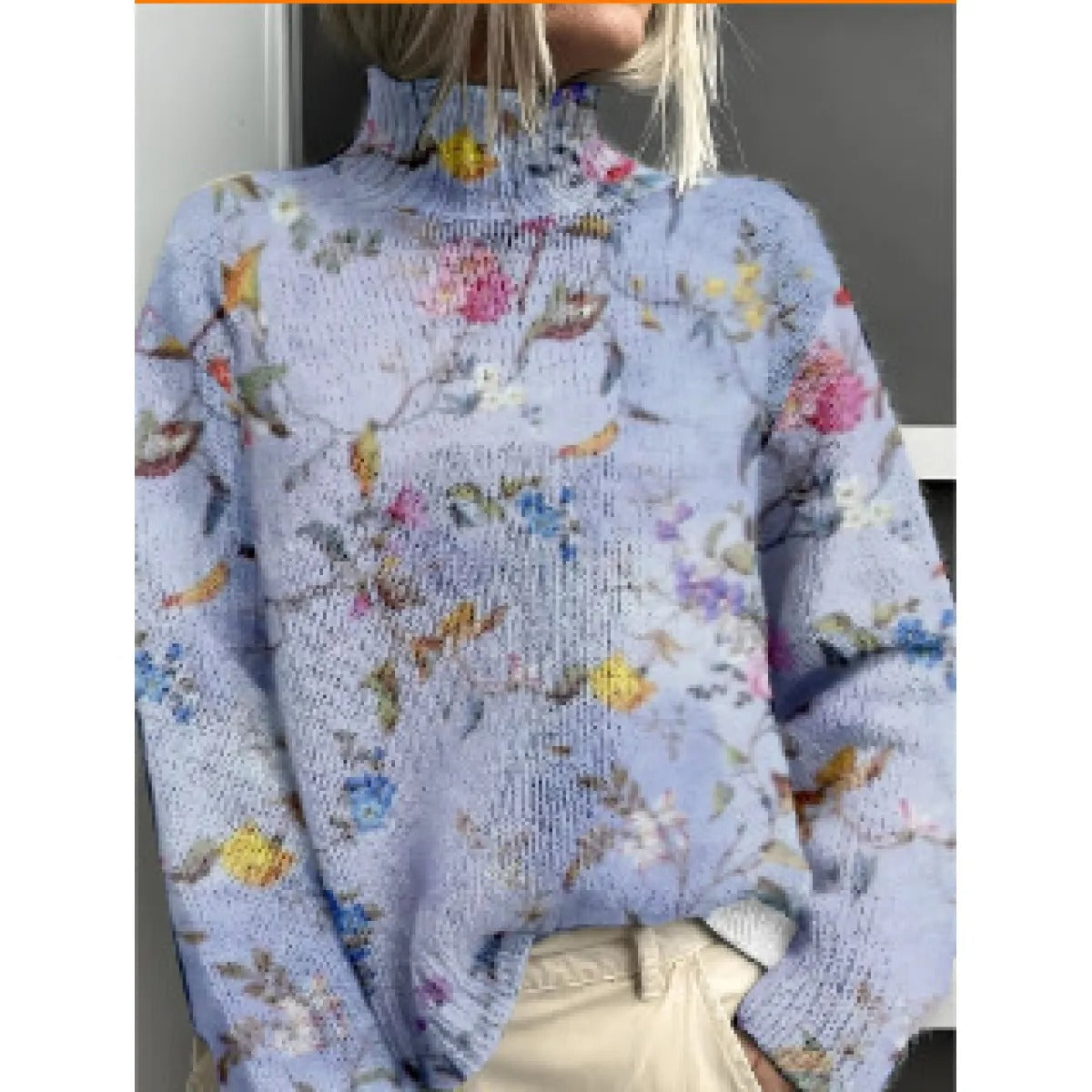 Women's Turtleneck Sweater – Relaxed Fit with Floral Pattern