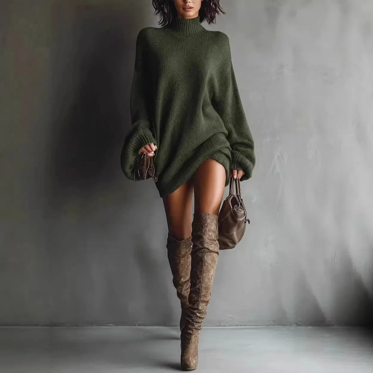 Mini Knitted Dress for Women in Velvet Deer Knitwear – Loose Fit Lantern Sleeves