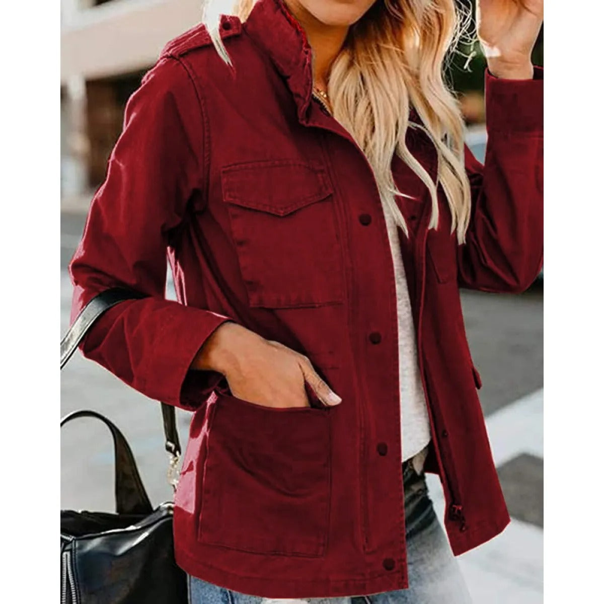 Women's Casual Utility-Style Jacket – Oversized Zipped Fit