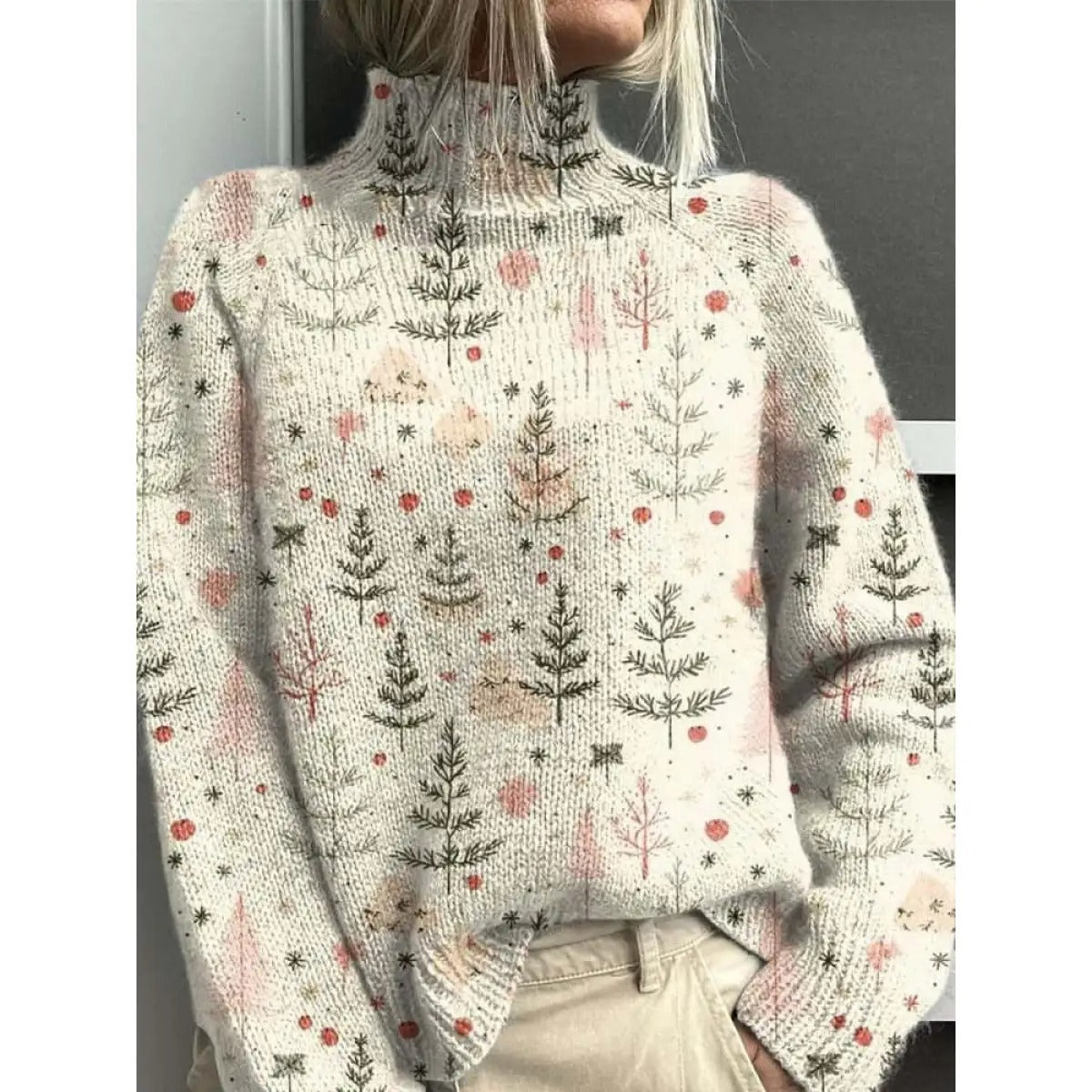 Women's Turtleneck Sweater – Relaxed Fit with Floral Pattern