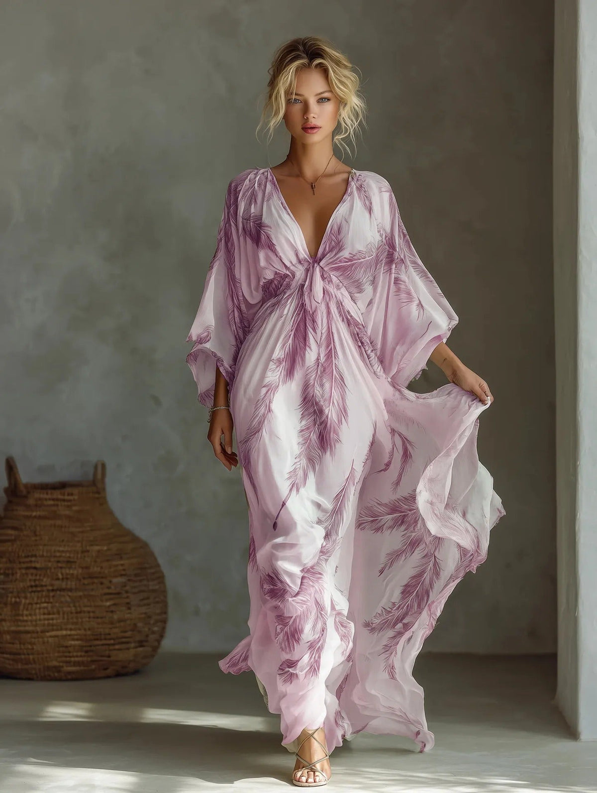 Women's Long Maxi V-Neck Dress with Batwing Sleeves – Relaxed High Waist