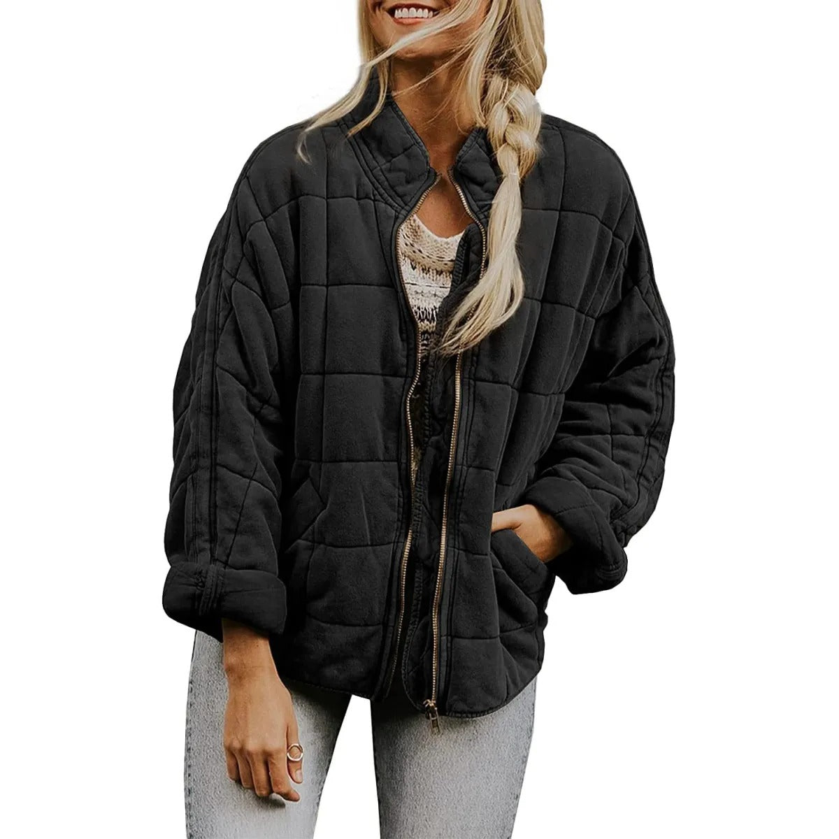 Women's quilted Jacket with Zipper Closure – Stand Collar, Diamond Pattern
