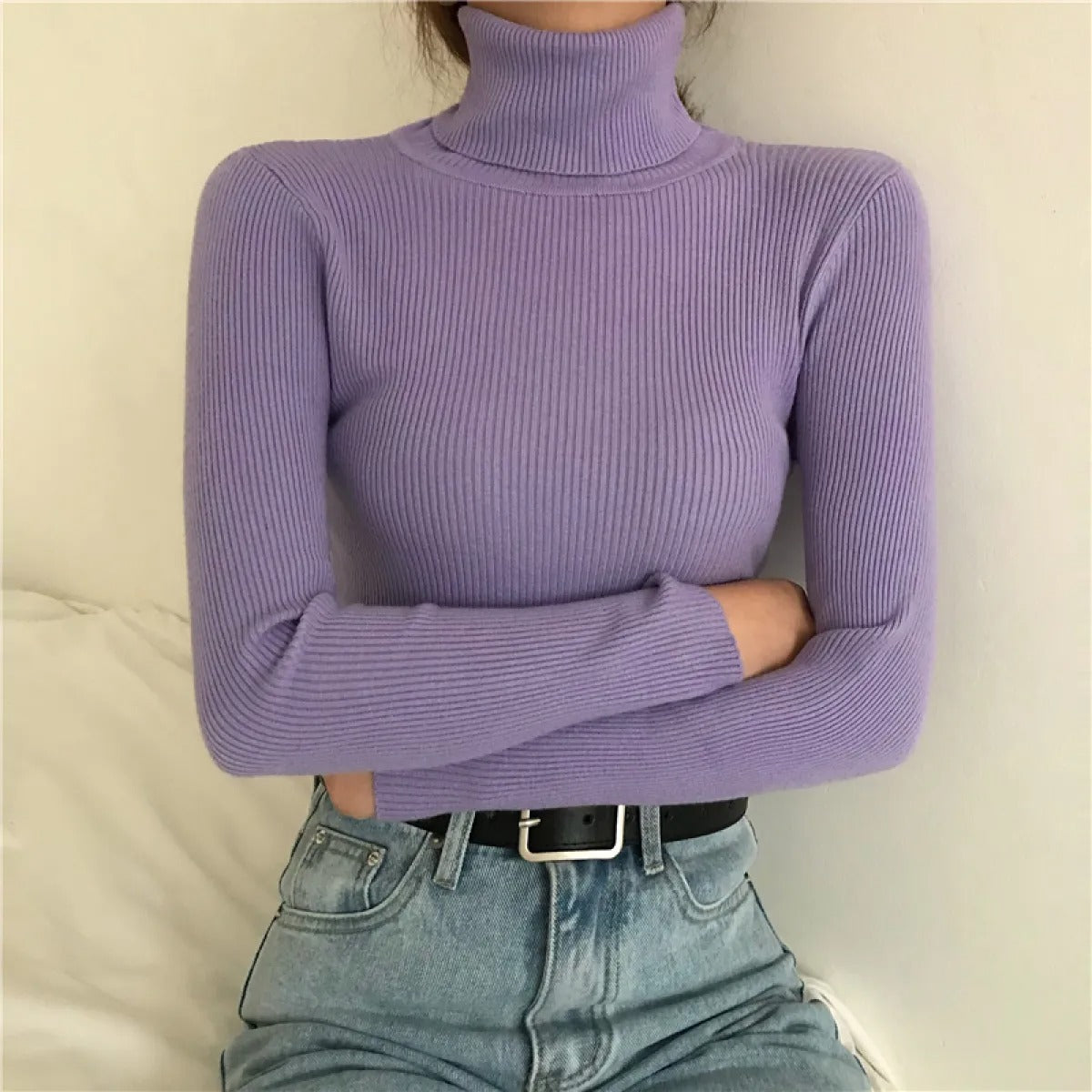 Women's Ribbed Mock-Neck Sweater – Close Fit, Long Sleeves