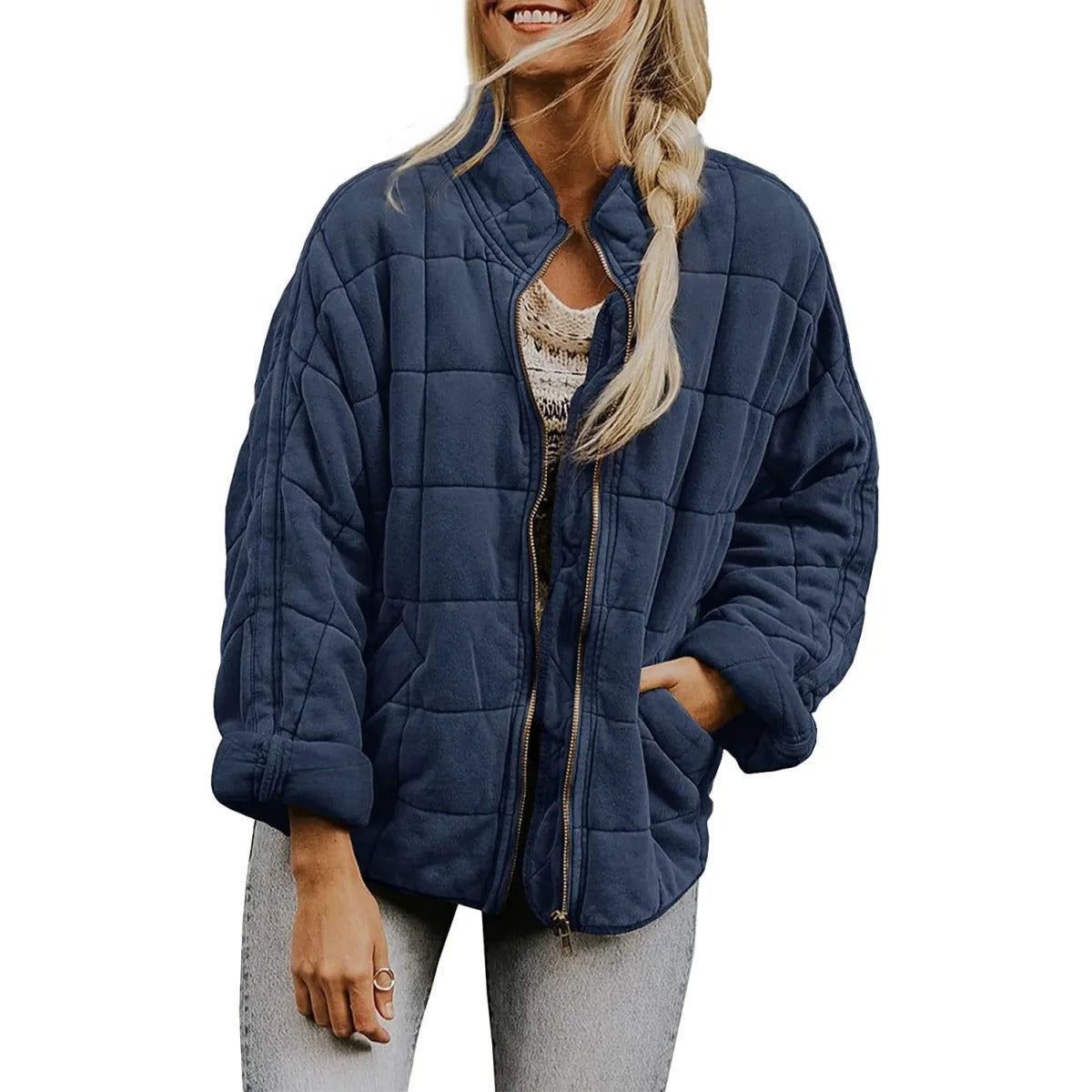 Women's quilted Jacket with Zipper Closure – Stand Collar, Diamond Pattern