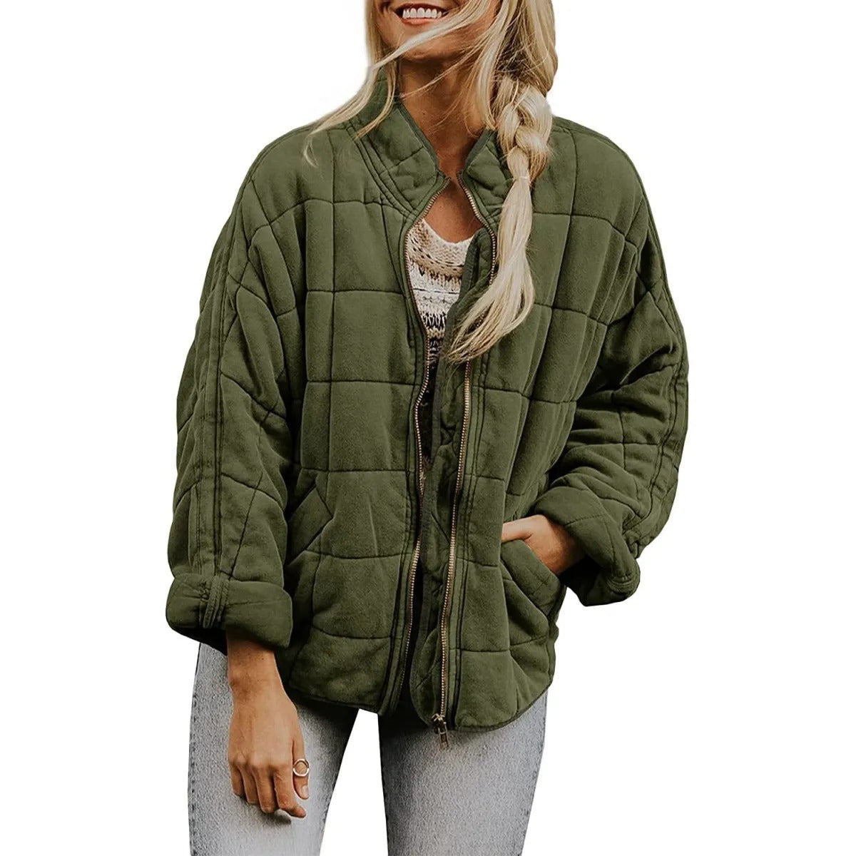 Women's quilted Jacket with Zipper Closure – Stand Collar, Diamond Pattern