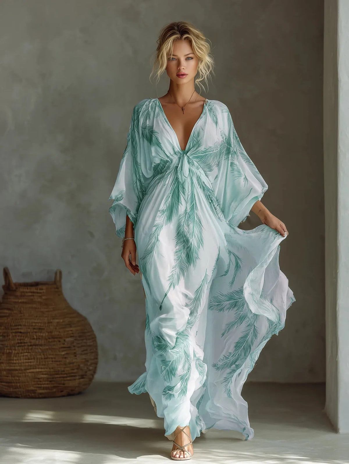 Women's Long Maxi V-Neck Dress with Batwing Sleeves – Relaxed High Waist