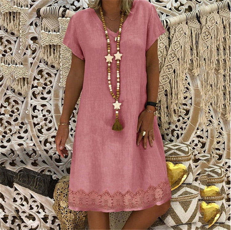 Women's Short Textured V-Neck Dress – A-Line Cut, Short Sleeves