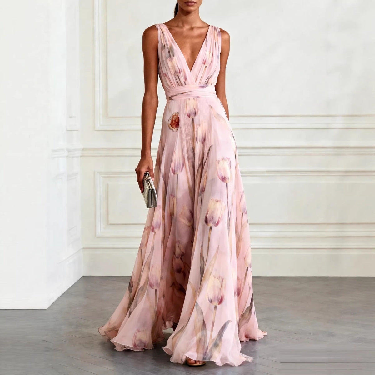 Women's Long Chiffon Dress – V-Neck Sleeveless with Floral Print