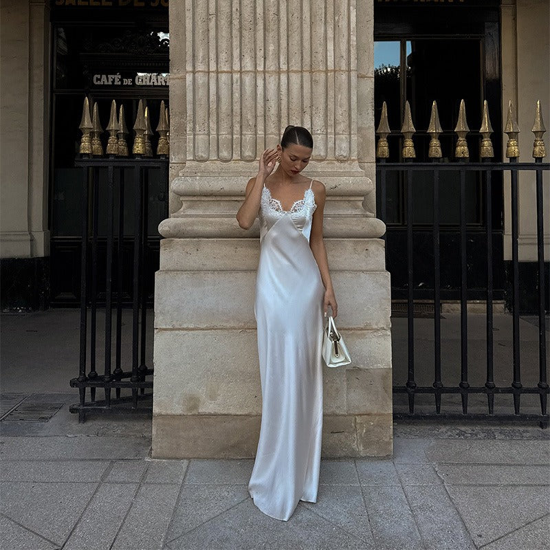 Women's Long Dress – Satin Fabric with Floral Lace